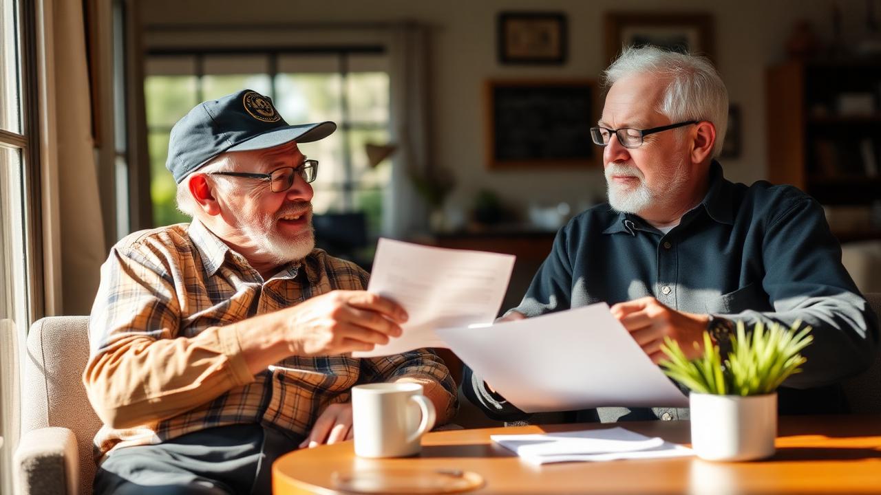 Two veteran friends reviewing paperwork together