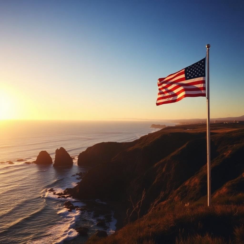 American flag on the California coastline at sunset