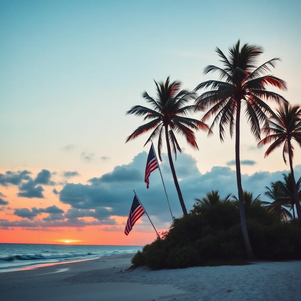American flags and palm trees on a Florida beach at sunrise