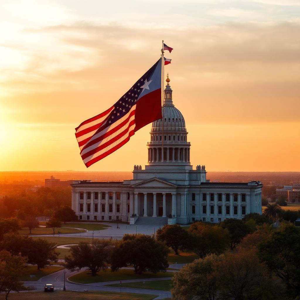 American and Texas flags flying over the Texas State Capitol at sunrise