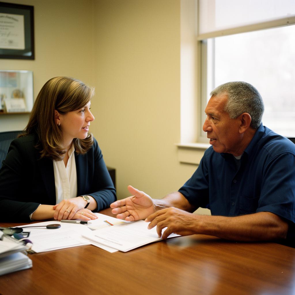 A Claims Specialist reviewing documents with a veteran